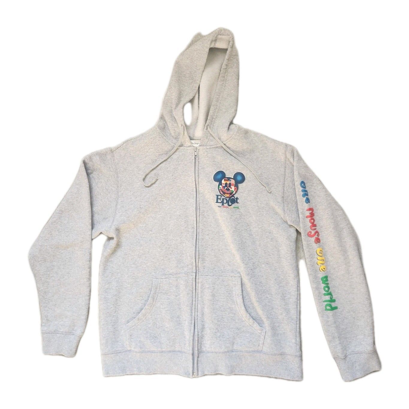 Vtg Disney Parks Epcot Zip Hoodie Gray Mickey Flags Graphic Dual Sided Sz M Euc